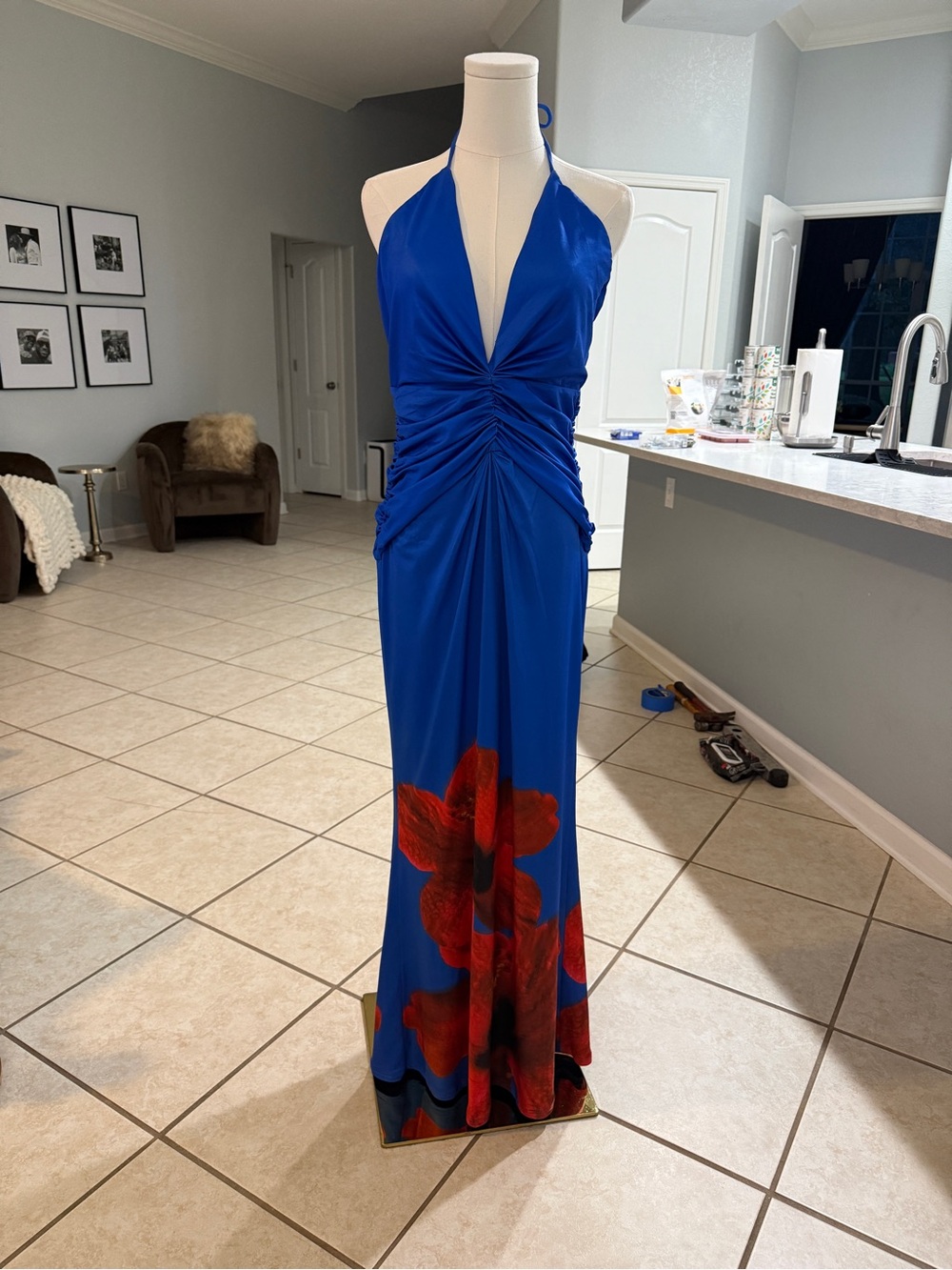 Blue Halter Maxi Dress with Red Floral Print